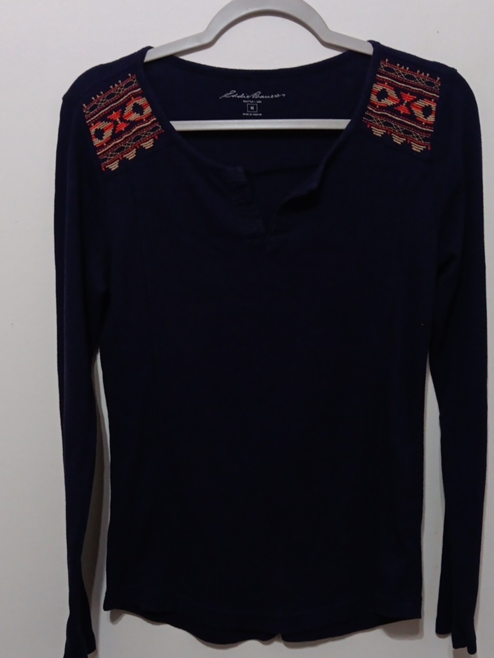 Eddie Bauer Navy Long-Sleeve Top with Embroidered Shoulder Panels